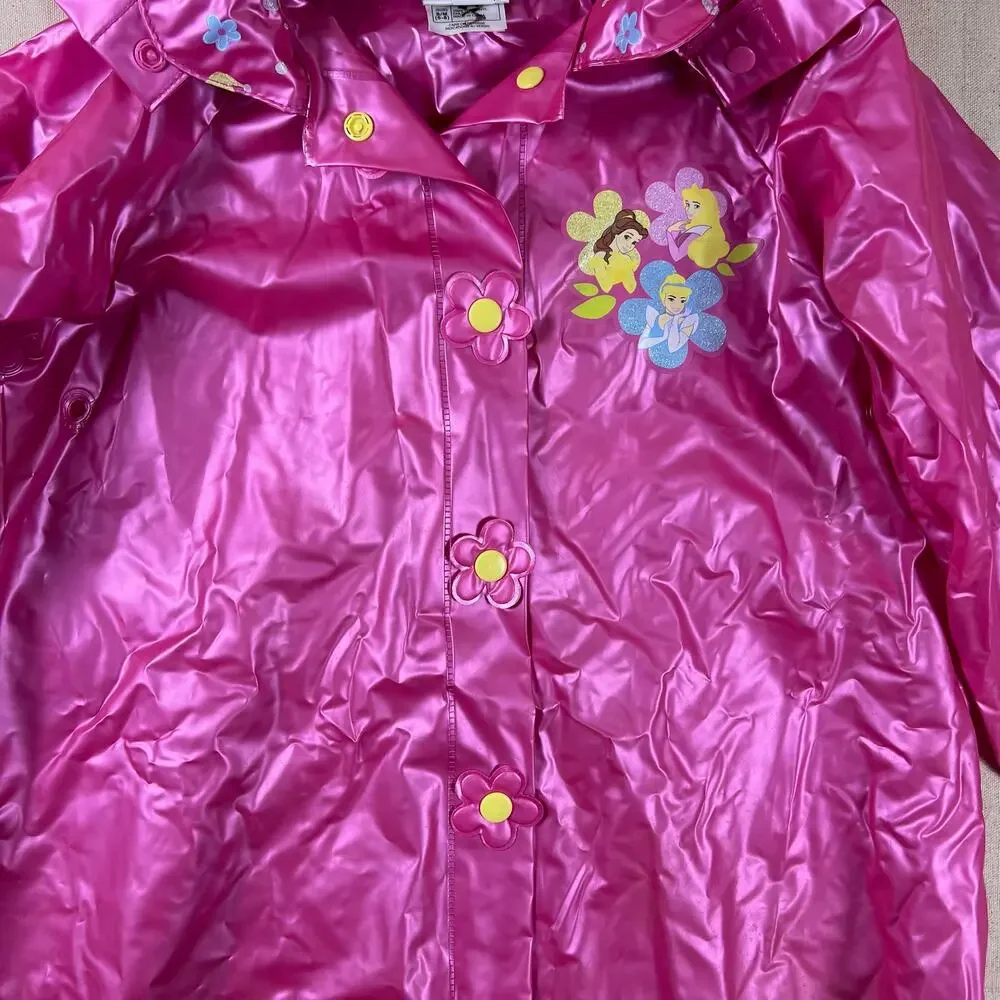 Vintage Y2K Disney Store Princess Pink Vinyl Raincoat Hood Belle Cinderella S/M